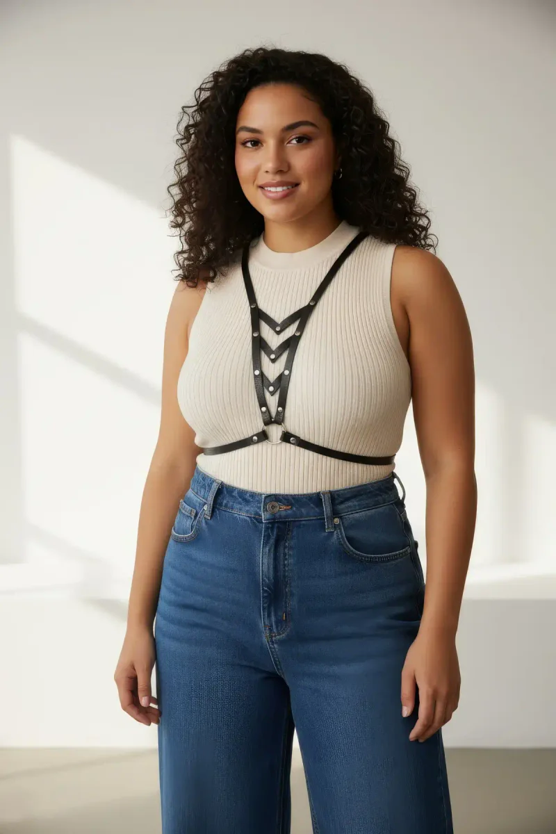 Black V-Neck Faux Leather
