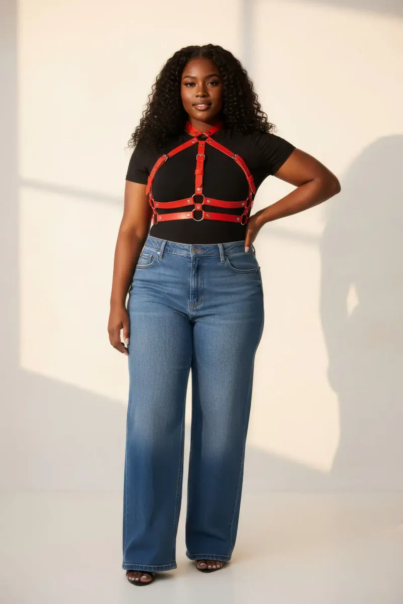 Red faux leather caged body harness on a