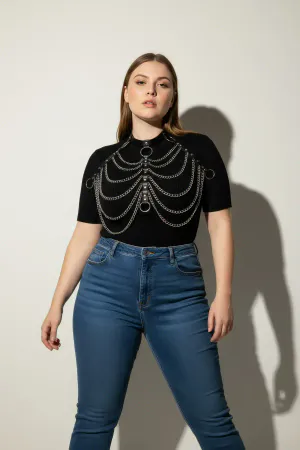 Black Faux Leather Choker Chest Harness with Draped Silver Chains on a woman wearing a white shirt
