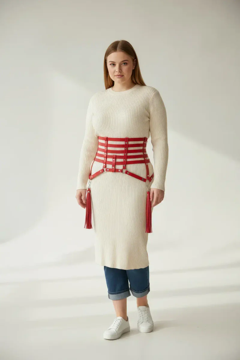 Red waist harness with faux leather tassels and