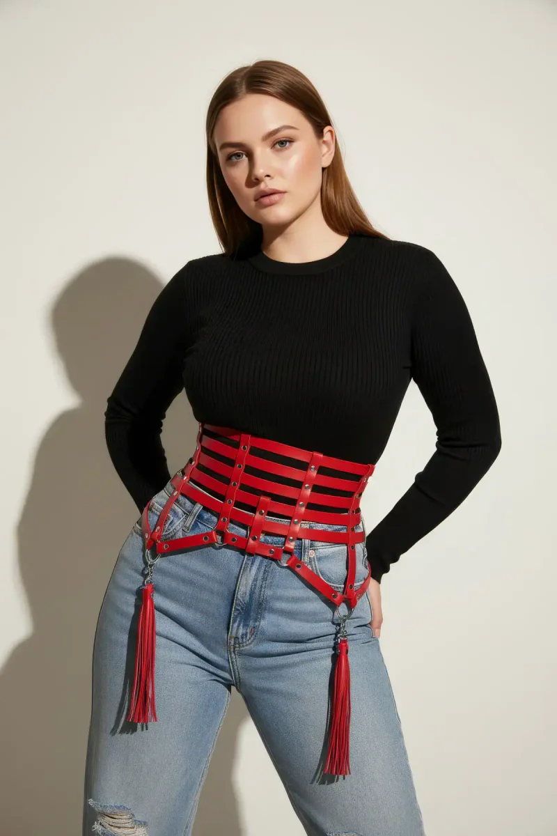 Fashion harness red tassels waist cinch faux