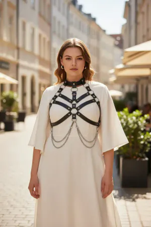 Black Faux Leather O-Ring Chest Harness Draped Chains White Dress