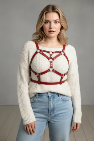 Red Faux Leather Chest Harness Adjustable Straps Silver O-Rings Plus Size Model
