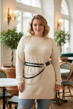 Black Faux Leather Studded O-Ring Belt with Silver Chains over a cream sweater