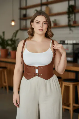 Tan Faux Leather Underbust Harness Belt Adjustable Shoulder Straps