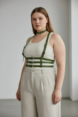 Olive Green Faux Leather Chest Harness Women Plus Size with Matching Choker