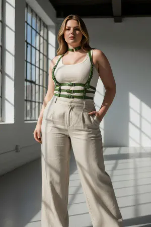 Olive Green Faux Leather Chest Harness Women Plus Size with Matching Choker