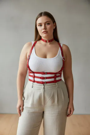 Red Vegan Leather Caged Underbust Harness with Choker on Plus-Size Model