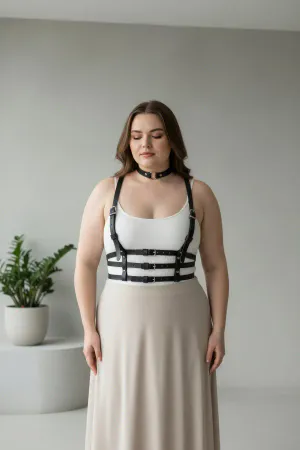 Black Multi-Strap Faux Leather Body Harness with Choker Set over White Top