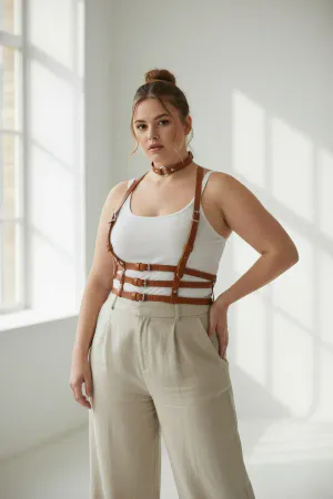Tan Vegan Leather Multi-Strap Chest Harness Choker Adjustable Buckles