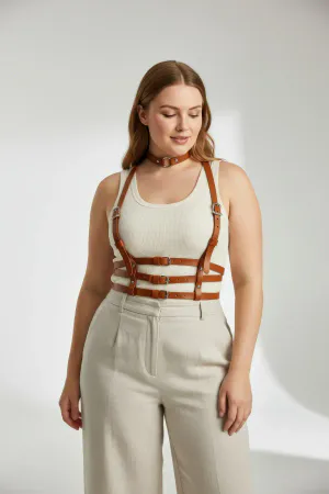 Tan Vegan Leather Multi-Strap Chest Harness Choker Adjustable Buckles
