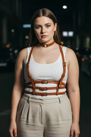 Tan Vegan Leather Multi-Strap Chest Harness Choker Adjustable Buckles