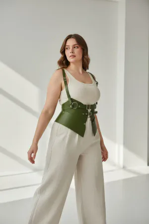 Olive Green Faux Leather Corset Belt with Shoulder Harness Straps on a Plus Size Model