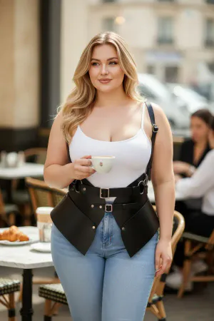 Black Faux Leather Corset Harness Belt Women Sculpted Waist Panels