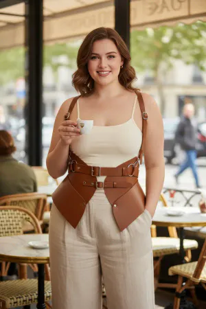 Caramel Faux Leather Waist Cincher Body Harness with Structured Hip Panels