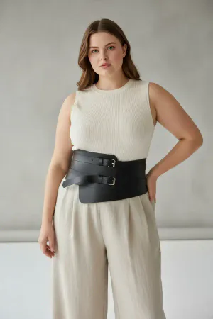 Black Faux Leather Waspie Belt with Asymmetric Panel and Double Buckles on model