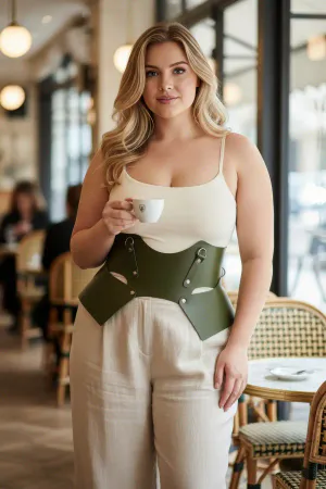 Olive Green Faux Leather Waist Harness Belt with Cut-Outs and Studs worn by woman