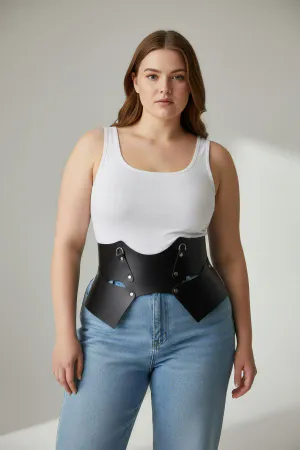Black Faux Leather Waist Harness Corset Belt Sculptural Panels