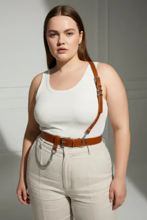 Tan Faux Leather Shoulder Strap Belt with Chain Detail for Women