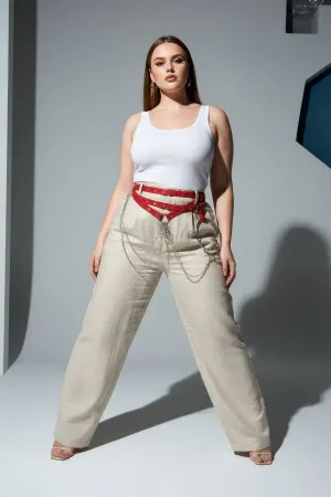 Red Faux Leather Waist Harness with Chains and O-Ring worn over beige pants