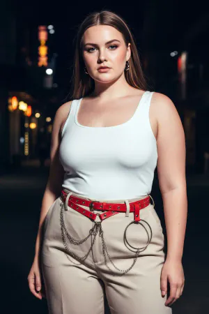 Red Faux Leather Waist Harness with Chains and O-Ring worn over beige pants