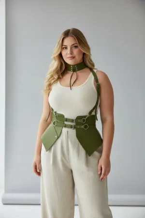 Olive Green Waspie Corset Harness Chest Harness Choker Set Faux Leather