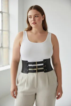 Black Faux Leather Wide Waist Harness Triple Buckle Design
