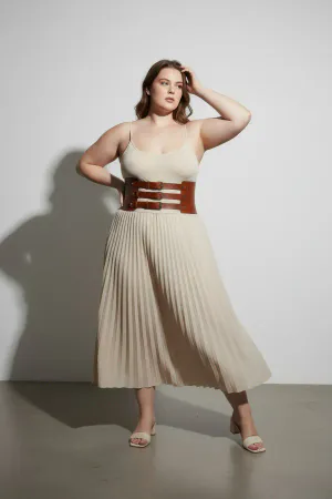 Tan Vegan Leather Three-Buckle Wide Waist Cinch Harness Belt Worn Over White Top