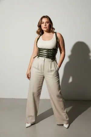 Dark Olive Green Vegan Leather Caged Waist Harness Plus Size Model