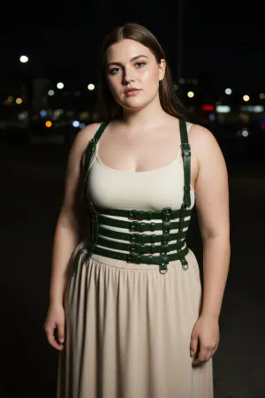 Dark Olive Green Vegan Leather Caged Waist Harness Plus Size Model
