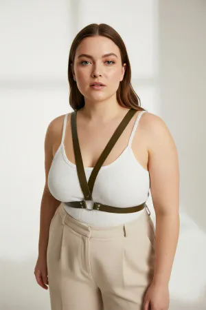 Olive Green Faux Leather Minimalist Chest Harness O-Ring Adjustable Straps