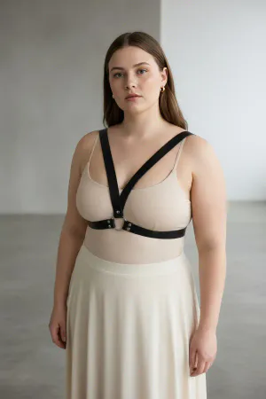 Black Faux Leather Minimalist Chest Harness with Underbust O-Ring and Adjustable Straps