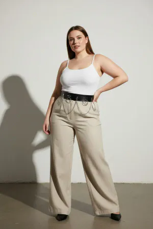 Black Faux Leather Harness Belt with Silver O-Rings and Draped Chains on a Plus Size Model