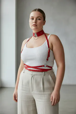 Red Faux Leather Harness Bra with O-Ring Choker and Waist Straps on woman