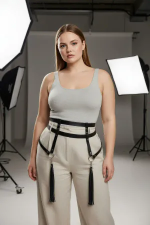 Black Faux Leather Waist Harness with Detachable Tassels Plus Size