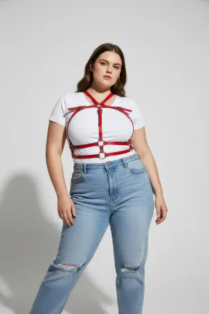 Red Faux Leather Caged Chest Harness Women Adjustable Straps