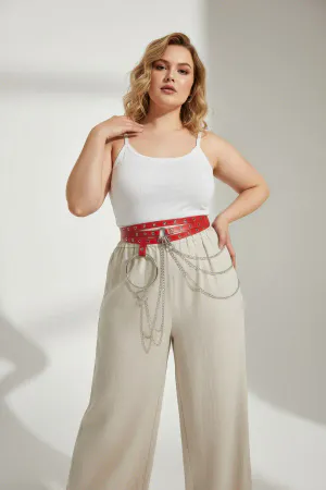 Red Faux Leather Belt with Silver O-Ring and Chain Details Worn by Plus-Size Model