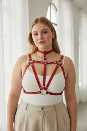 Red Vegan Leather Chest Harness with Choker O-Rings Adjustable Straps