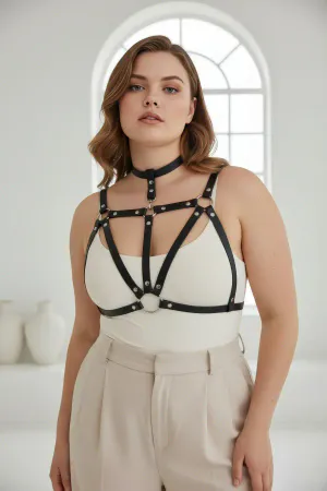 Black Faux Leather Cage Chest Harness with Choker O-Ring