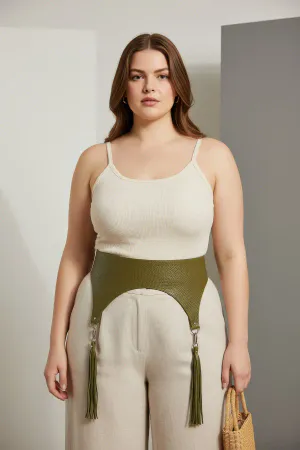 Olive Green Vegan Leather High-Waisted Underbust Harness with Tassel Garters