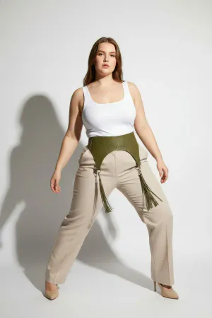 Olive Green Vegan Leather High-Waisted Underbust Harness with Tassel Garters