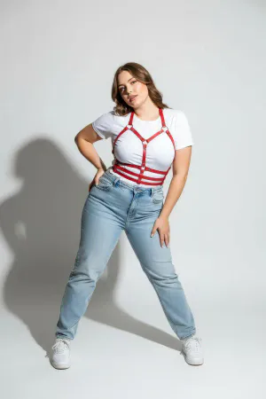 Red Faux Leather Strappy Chest Waist Body Harness for Women