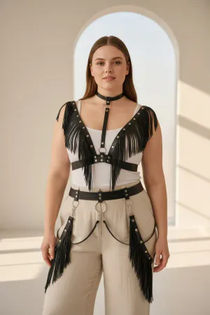 Black Fringed Faux Leather Body Harness with Choker and Waist Chains