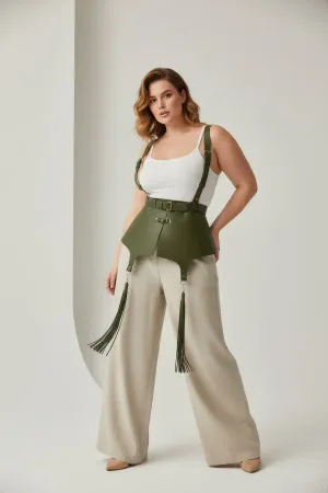 Olive Green Faux Leather Waist Harness with Tassels Worn Over Outfit