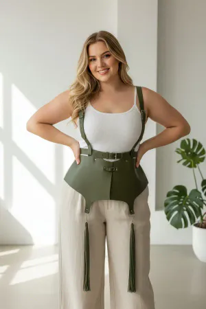 Olive Green Faux Leather Waist Harness with Tassels Worn Over Outfit