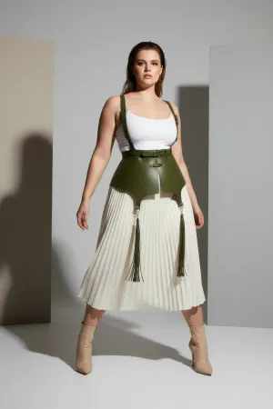 Olive Green Faux Leather Waist Harness with Tassels Worn Over Outfit