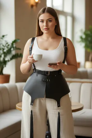 Black Faux Leather Peplum Waist Harness with Tassel Garters Front View