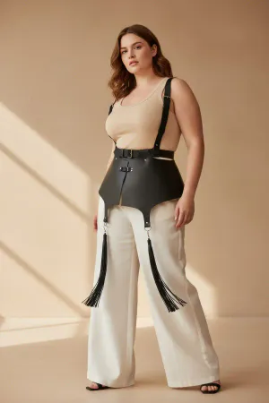 Black Faux Leather Peplum Waist Harness with Tassel Garters Front View