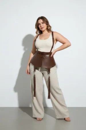 Brown Faux Leather Corset Harness with Tassels and Shoulder Straps