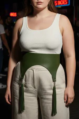 Olive Faux Leather Waist Harness Detachable Tassels Wide Belt Women